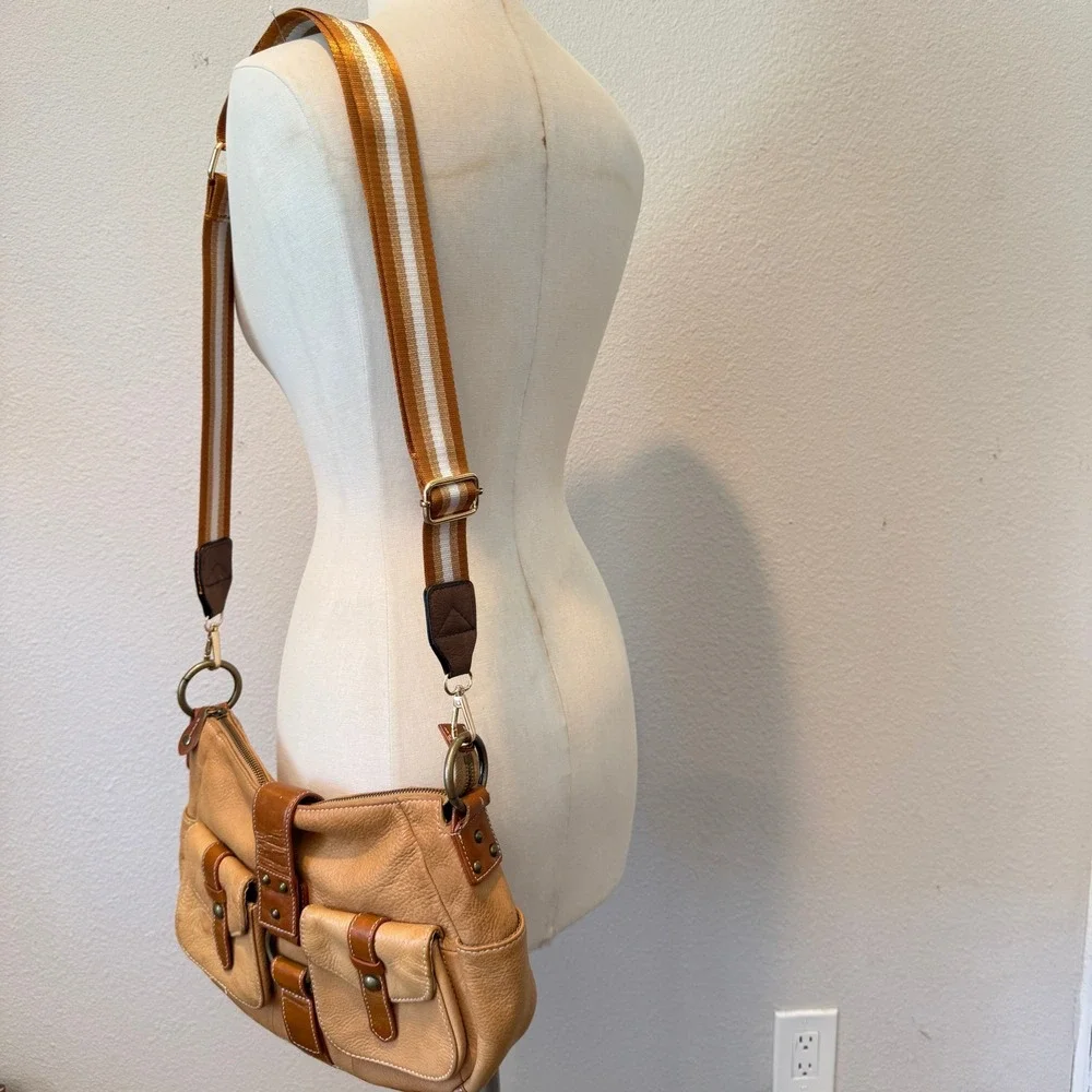 Luce Tan Pebbled Leather Crossbody Bag Multi Pocket Striped Strap Shoulder Bag